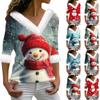Женская футболка с рождественским принтом, длинный рукав, флисовый воротник, V-образный вырез, футболка