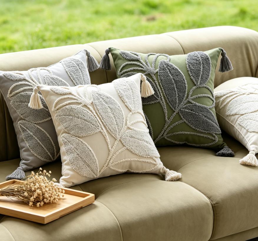 Nordic Ins Style Leaf Pillow Cover French Cream Sofa Pillowcase Pillow Pad 3D Embroidery Bed Pillow Cover 45×45cm