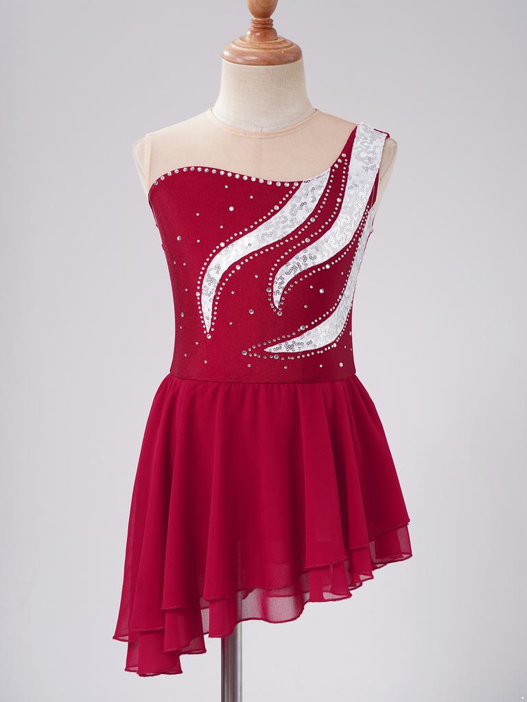 Детская танцевальная одежда с блестками и стразами для девочек, платье без рукавов с открытой спиной и косым подолом, платье для фигурного катания на коньках