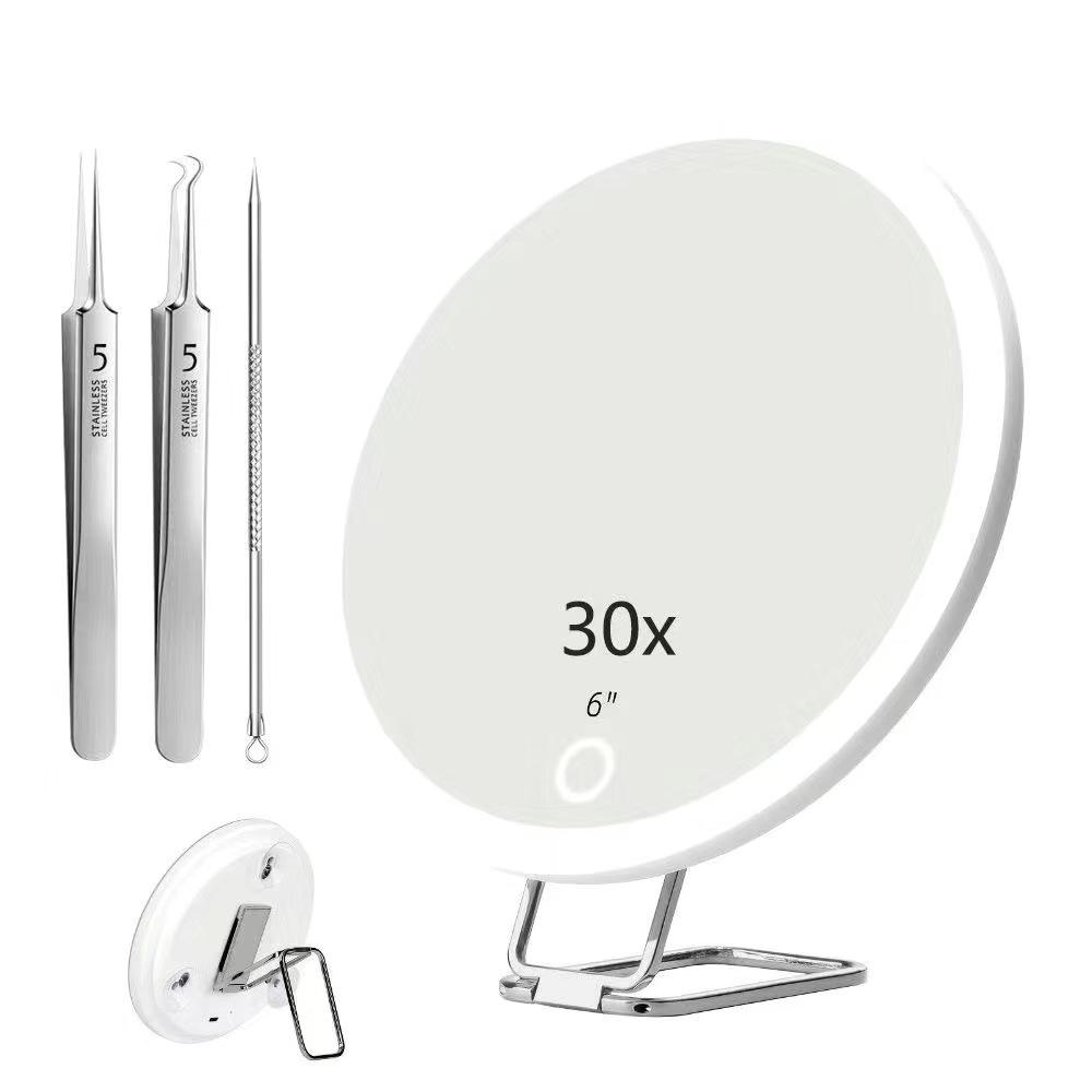 6-Inch Rechargeable LED Magnifying Fill Light: 360° Rotating Stand with 10x/20x/30x Magnification & Makeup Mirror
