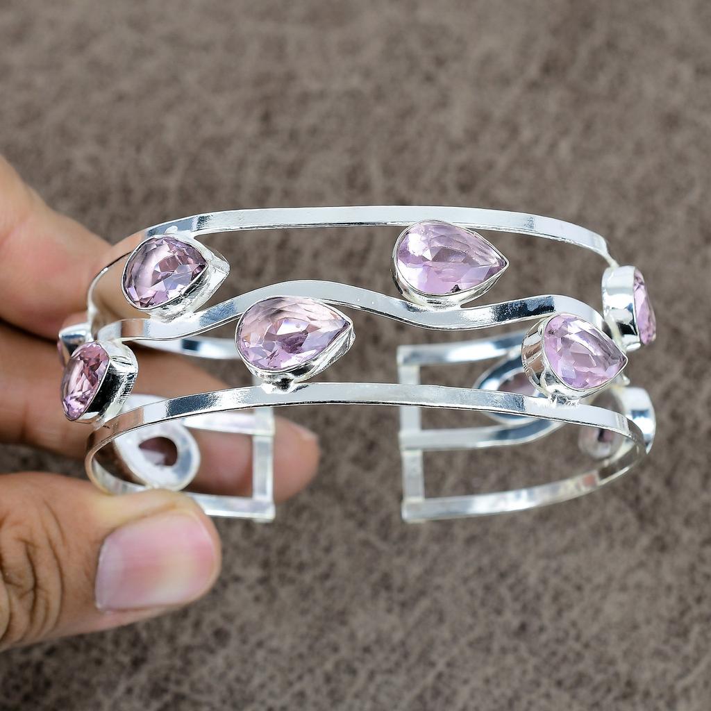 Pink Kunzite Gemstone Handmade 925 Sterling Silver Cuff Bangle Adjustable KKG-198