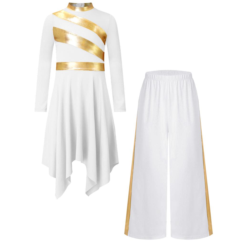 Комплект платья для танца хвалы и поклонения для девочек, с воротником-стойкой, длинными рукавами, асимметричным подолом, металлизированной лоскутной вставкой, контрастного цвета, с брюками широкого кроя