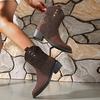 New Cow Suede Boots European and American Style Pointed Splicing Sleeve Thick Heel Medium Heel Large Size Short Boots Simple Women's Boots