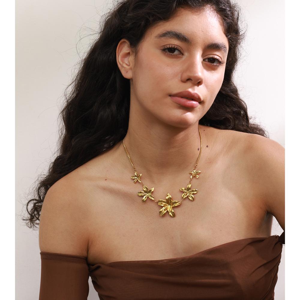 Yhpup Popular Stainless Steel Flower Pendant Chain Necklace Metal Tarnish Resistant Fashion Collar Jewelry PVD Plated Waterproof