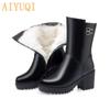Winter Ankle Boots Women Black Real Leather Platform High Heel Warm Wool Snow Boots Women