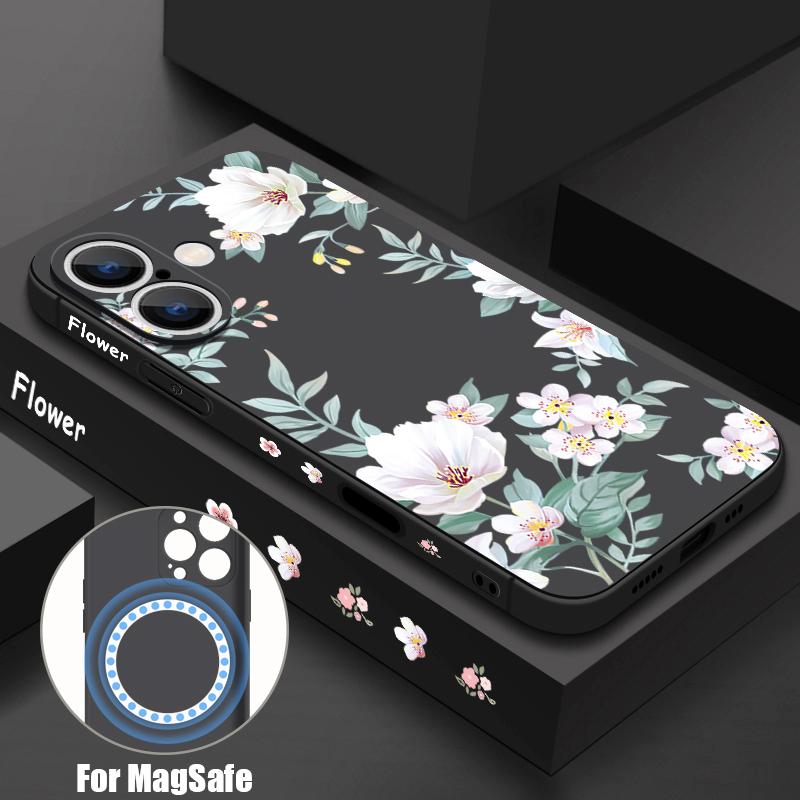 Магнитный чехол с черно-белым цветочным узором для Magsafe, для iPhone 16 Pro Max, Coque iPhone 15 Pro Max 14 13 11 17, чехол со встроенной металлической пластиной