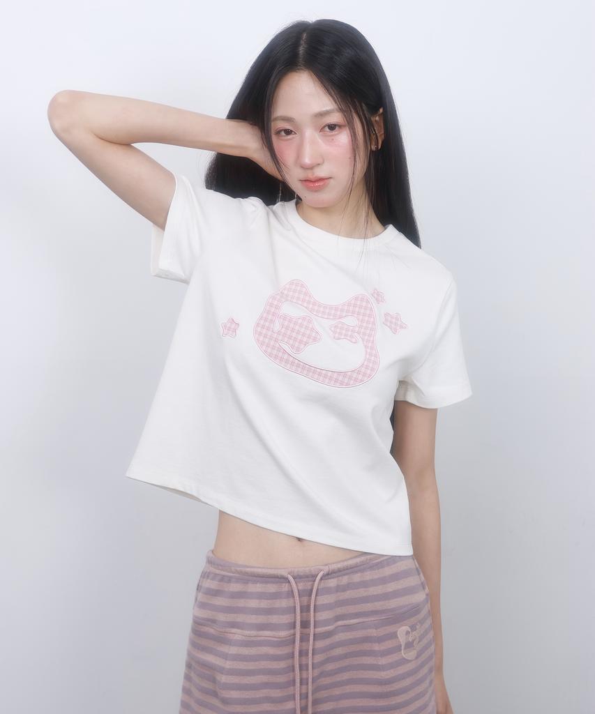 LMR Cat Symbol Applique Short Sleeve T-Shirt Cream