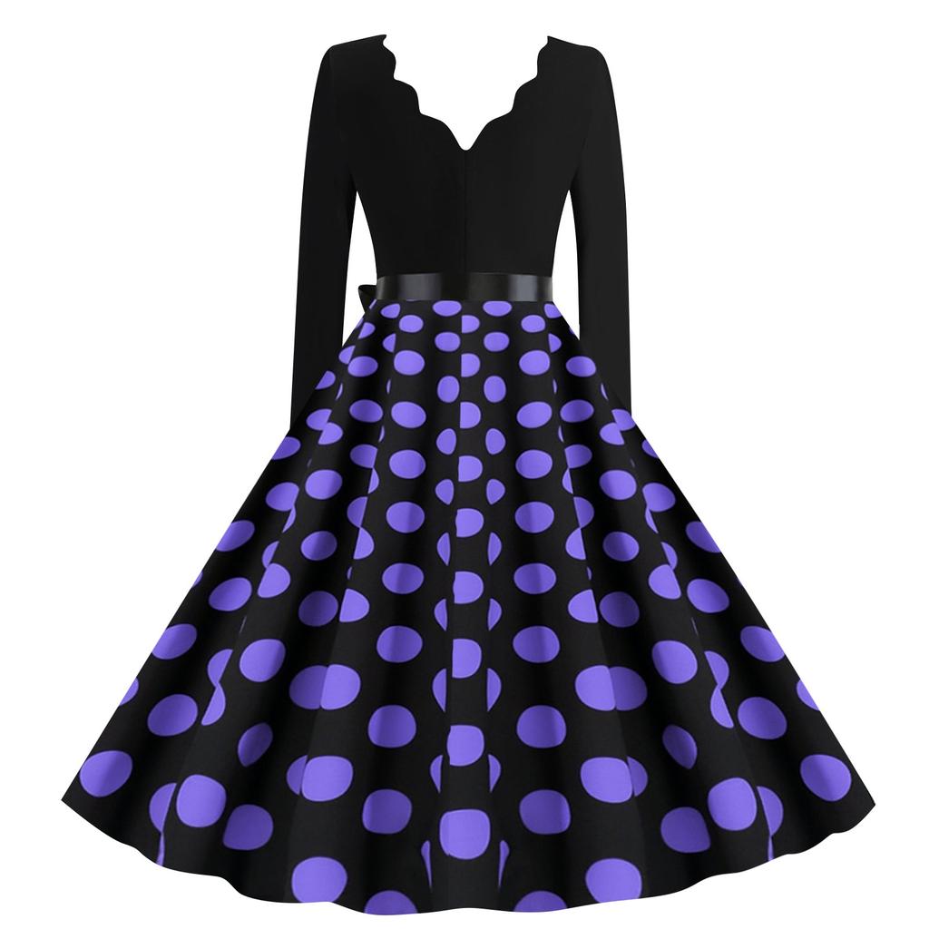 Женское платье в горошек с длинным рукавом и вырезом для вечеринки, повседневное платье с v-образным вырезом