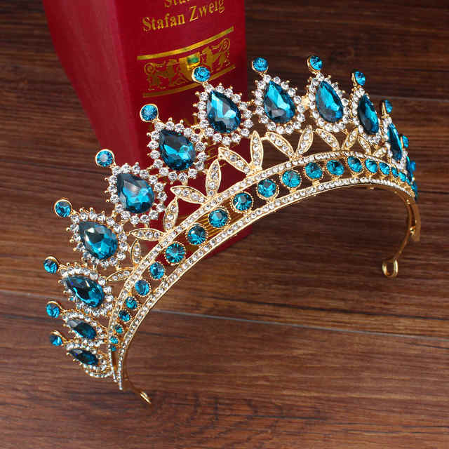 Baroque Vintage Green Royal Tiara Crowns Bride Blue Red Queen Crown Gold Bridal Headband Wedding Tiara For Women Hair Jewelry