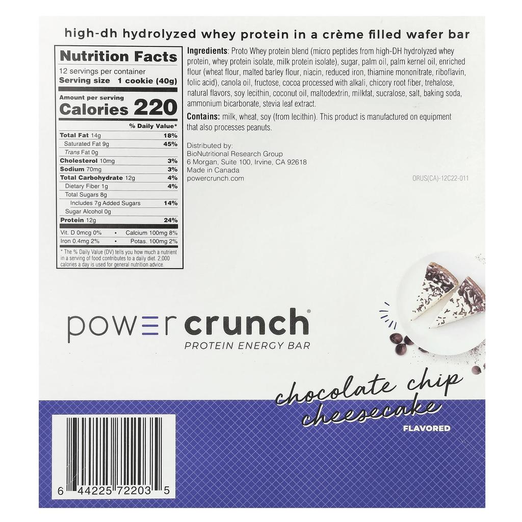BNRG Power Crunch Protein Energy Bar, Chocolate Chip Cheesecake, 12 Bars, 1.4 Oz (40 G)
