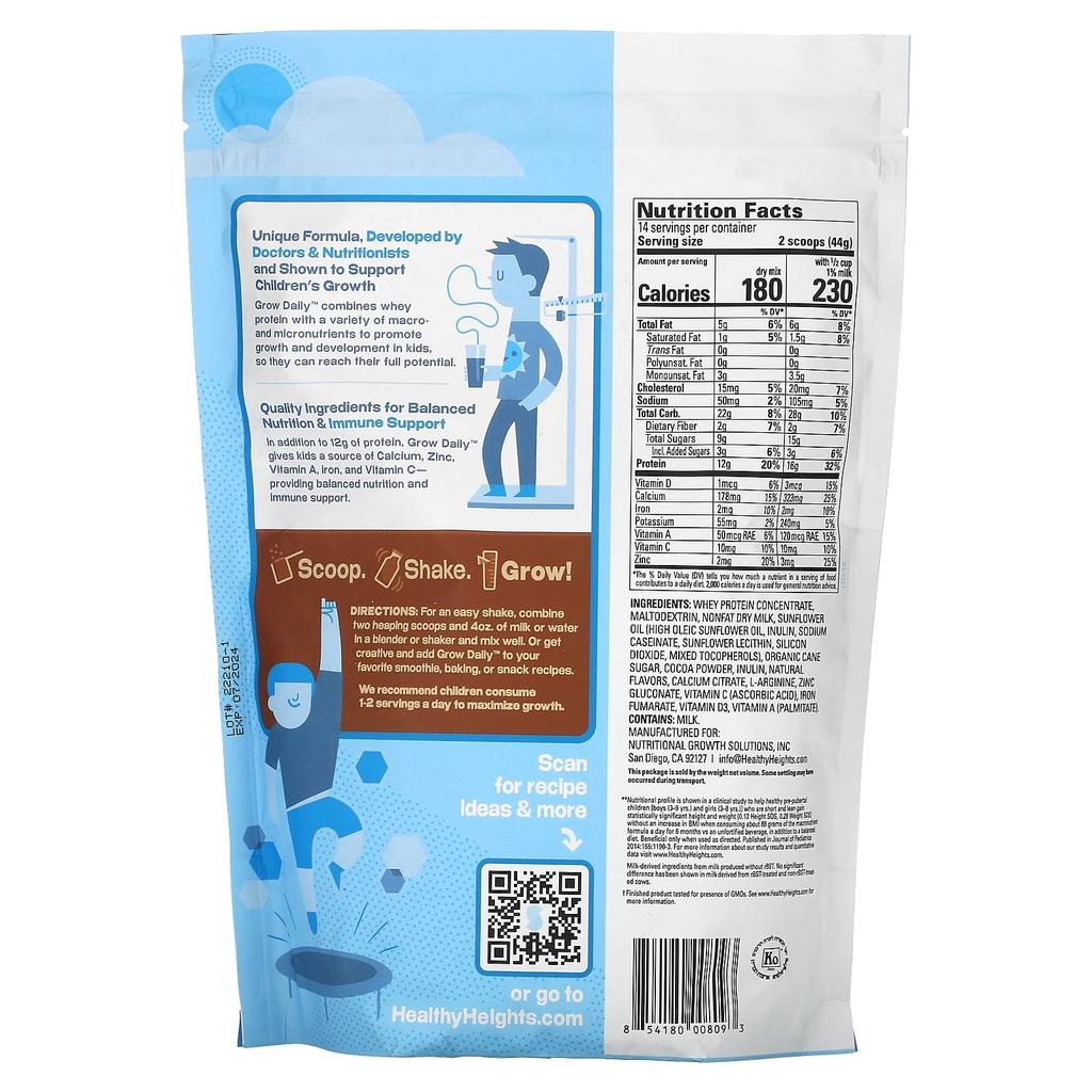 Healthy Heights Grow Daily, Whey Protein and Nutrition Mix, For Children Ages 3+, Chocolate Flavor, 21.7 Oz (616 G)