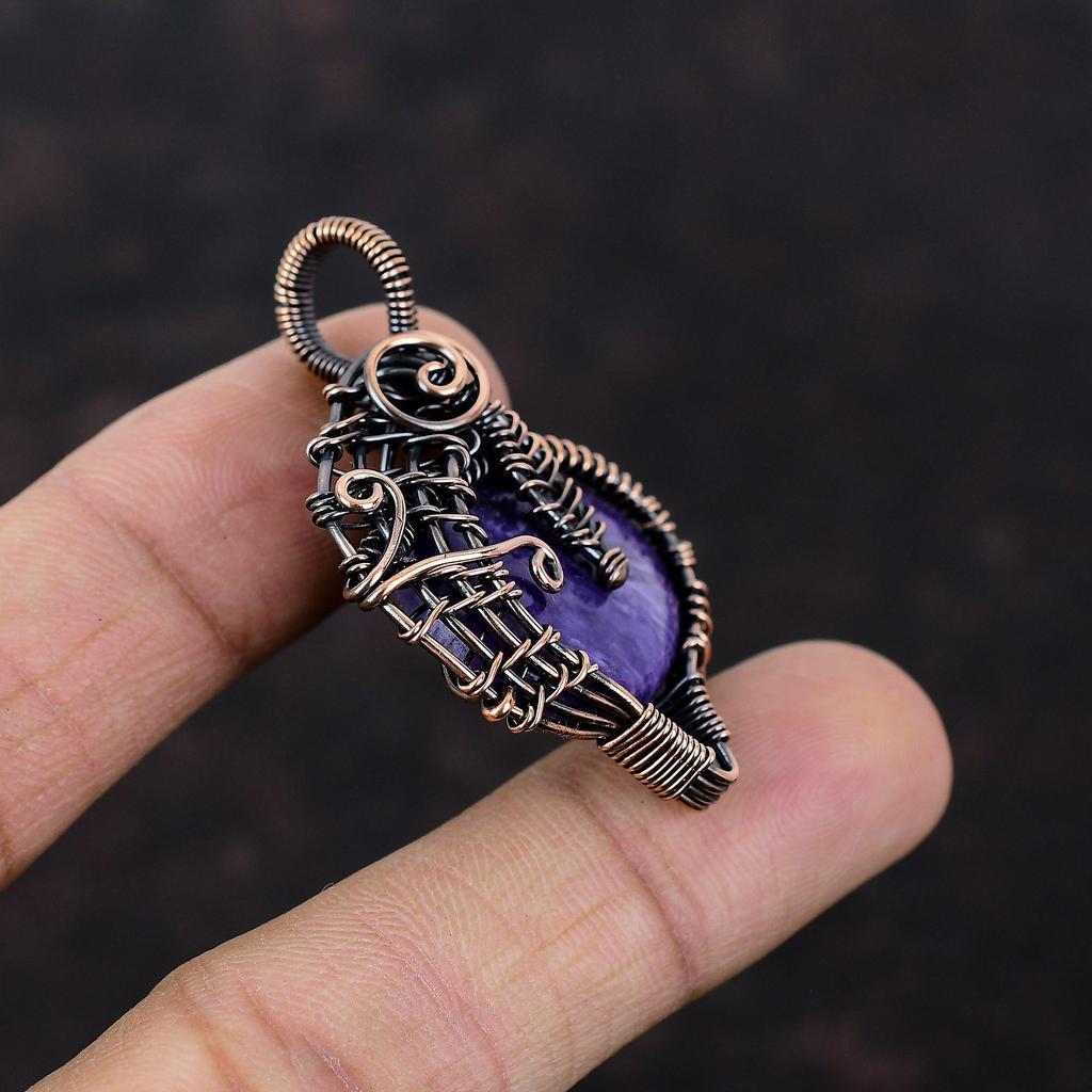 Подвеска из чароита, медная проволочная обертка, драгоценный камень, антикварная медная подвеска, подарок для нее, проволочная обертка, элегантные ювелирные изделия ручной работы