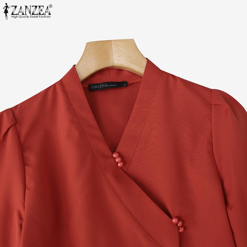ZANZEA Женская повседневная блузка с V-образным вырезом, расклешенными рукавами 3/4, свободного кроя, однотонная