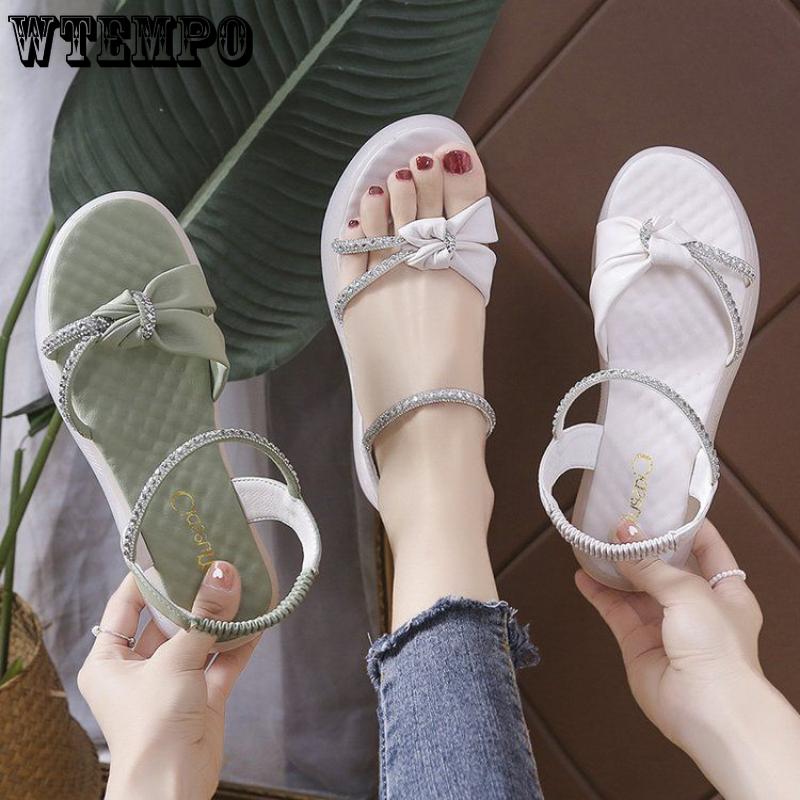 Женские сандалии, новые летние сандалии Fairy Wind с плоской подошвой, простые и универсальные сандалии со стразами наверху, нескользящая пляжная обувь с мягкой подошвой