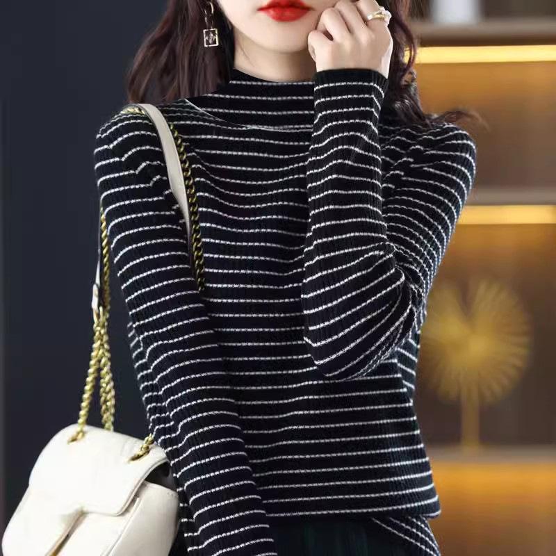 Полосатая базовая рубашка с топом для женщин Свободная верхняя одежда Осень и Зима Полуворотник Двусторонняя Длинные рукава Модная Универсальная футболка