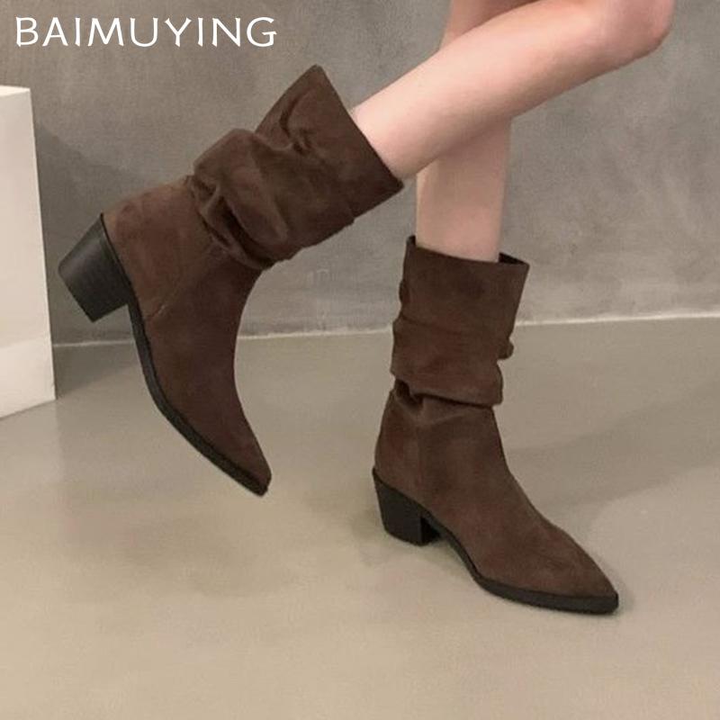 Зимние женские ботильоны на толстой подошве из замши с острым носком и складками на среднем каблуке 2025 года, классические готические туфли-лодочки Chelsea Botas De Mujer