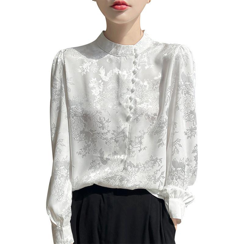 Satin Silk Blouse For Women With Stand Collar And Pockets For Office Casual Wear