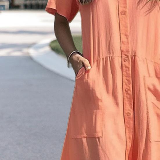 Женское платье с лацканами, короткий рукав, однобортное, повседневное платье с карманами, однотонное