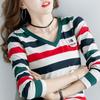 Long Sleeved T-shirt Women's Spring and Autumn Striped T-shirt Bottom Shirt V-neck Top