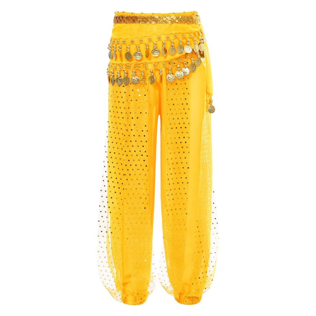 Girls Elegant Belly Dance Pants Sequin Embellished Chiffon Fabric Elastic Waist Beaded Tassels Performance Wear