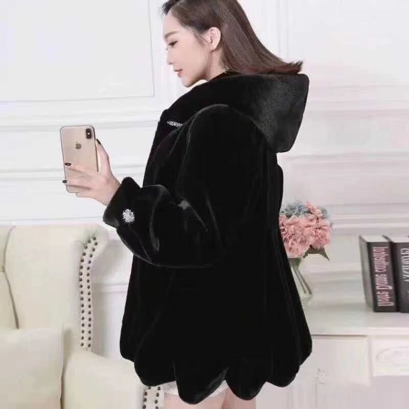 Winter new imitation mink fur coat women's imitation mink hair hooded fashion large size slim jacket trendy
