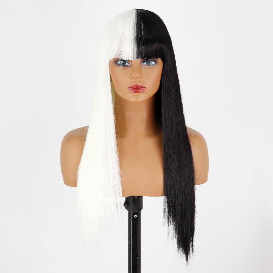 MISS WIG Women Fashion Long Straight Light Blonde Color Wig with Blunt Bangs Synthetic Fiber Daily Wear Long Straight Wig