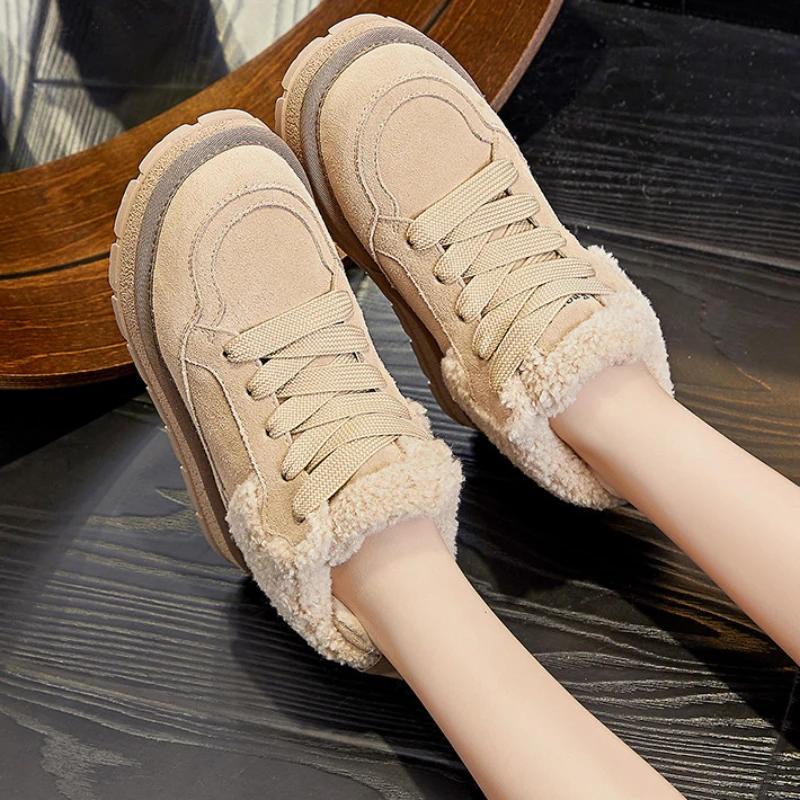 Женские ботинки для отдыха на плоской подошве с толстой подошвой и плоским дном, со шнуровкой, зимние плюшевые замшевые теплые меховые туфли для прогулок зимой