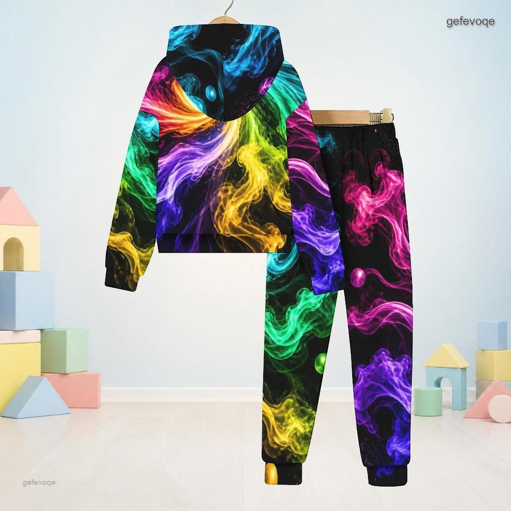 Kids Boys Girls Galaxy Smoke Printed Hooded Long Sleeve Sweatshirt Cuffed Pants Two Piece Set