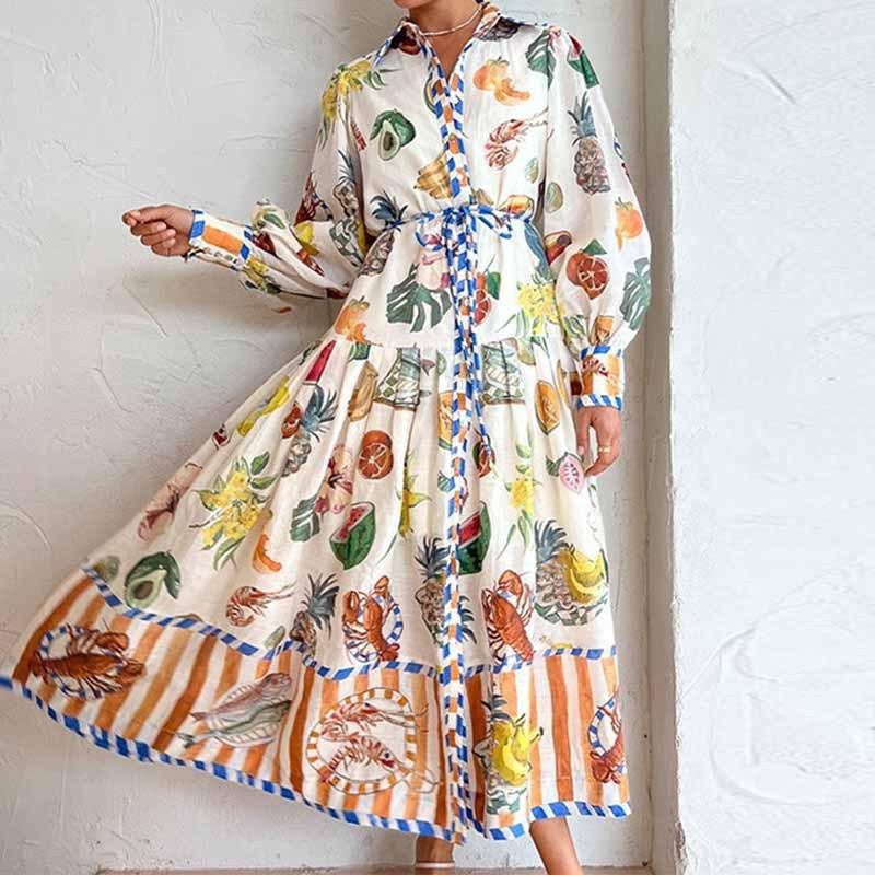 Women's Lantern Sleeve Printed Lapel Waist Long Sleeves Spring Dress for Women