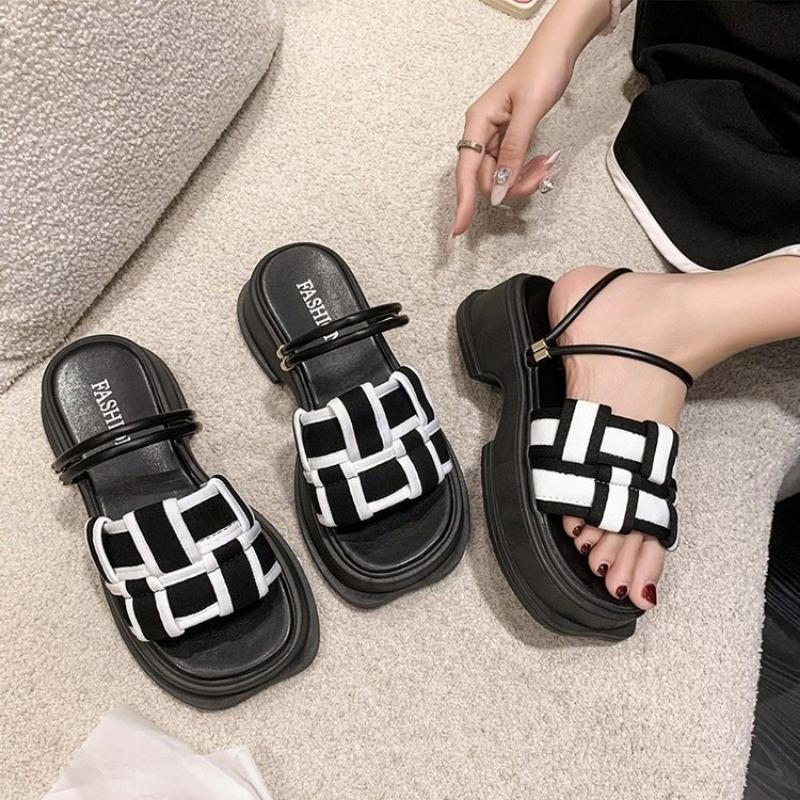 New Summer Muffin Thick-soled Cool Slippers Women's Outer Wear Color Matching and Weaving Two One-word Sandals
