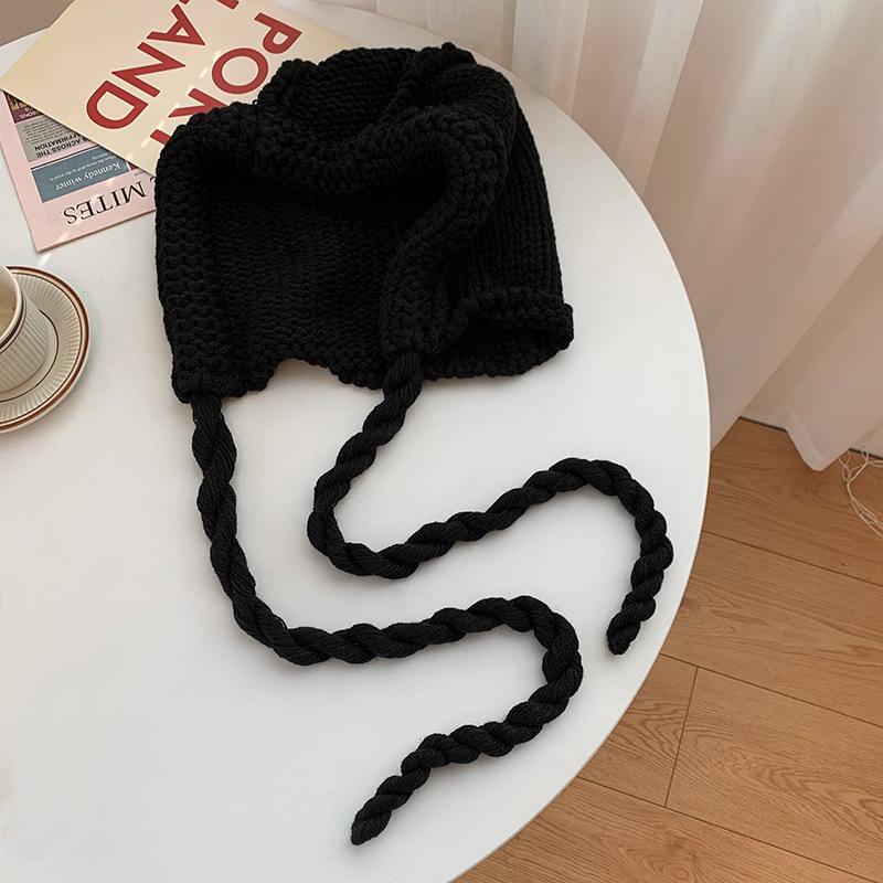 Sweet and Cute Little Red Riding Hood Female Autumn and Winter Knitted Wool Lace-up Ear Protection Hat Warm Versatile Hat Tide