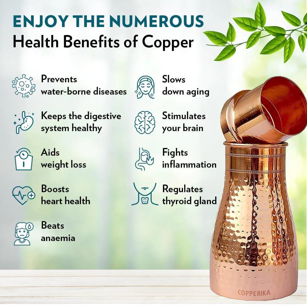 Набор для спальни: кованая медная бутылка для воды 1000 мл + медный стакан (Упаковка из 2-300 мл каждая) Оригинальная Тяжелая Сборка