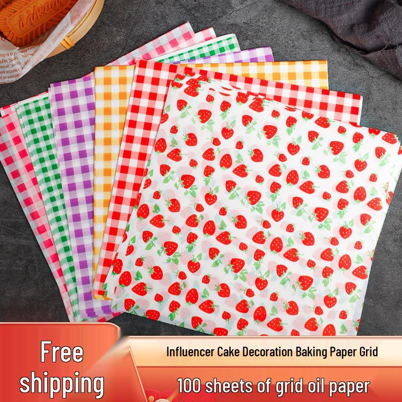 Формочки для кексов в стиле корейского бенто - Цветные в клетку, жиронепроницаемая бумага с дизайном клубники.