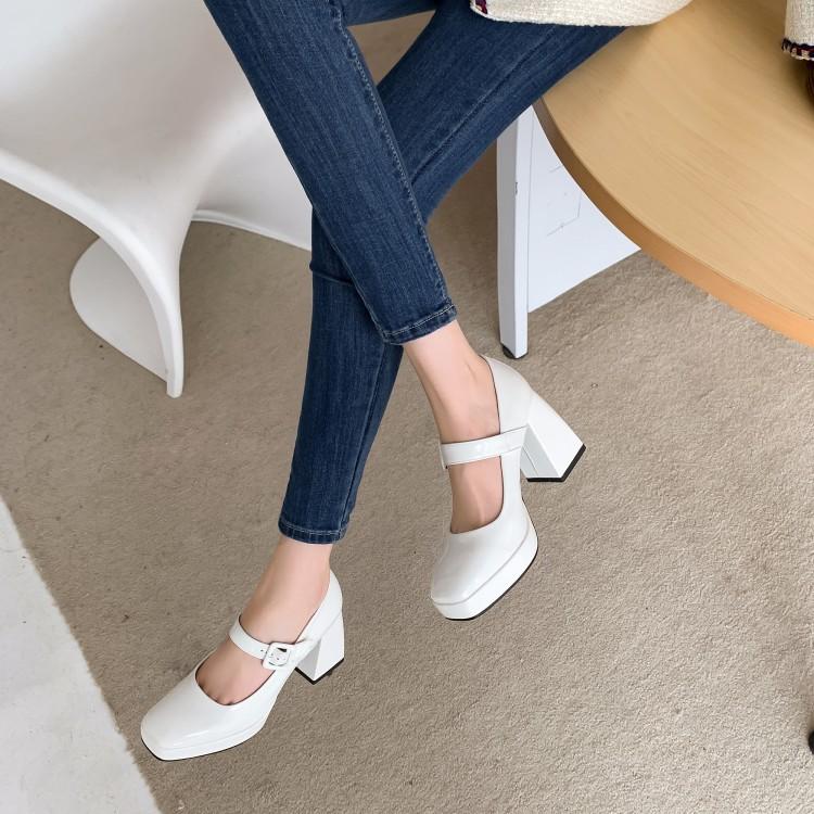 Женские туфли-лодочки на толстом высоком каблуке с квадратным носком, вечерние лаконичные весенне-осенние туфли Мэри Джейн с пряжкой, черные, белые, красные, винно-красные, Be