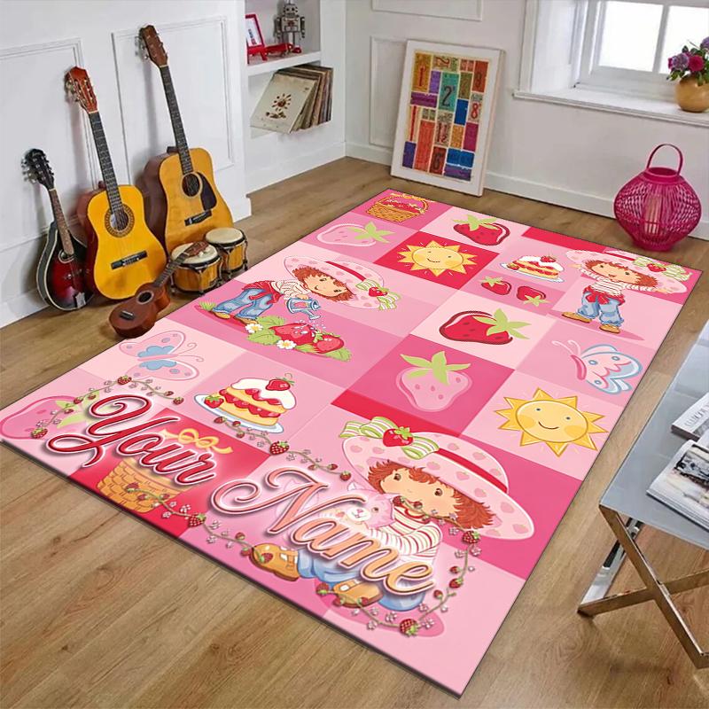 Princess Strawberry Design Area Rug Personalized Name- Non-Slip, Soft & Cozy Floor Mat for Living Room, Office - Indoor/Outdoor Carpet