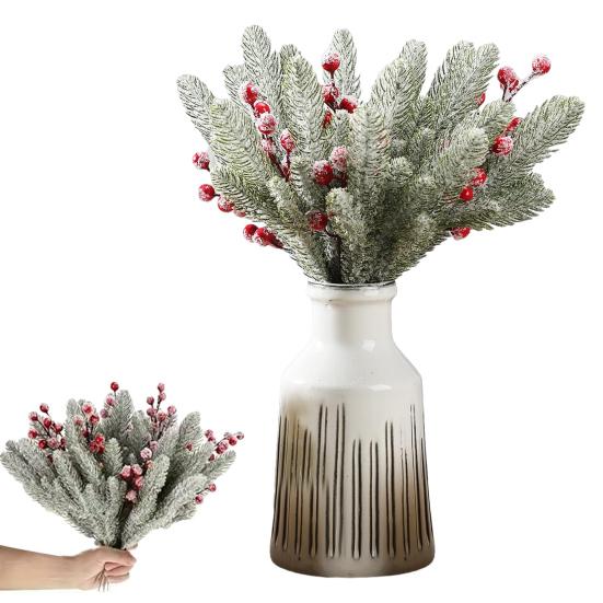 18 шт. Искусственная заснеженная ветка норфолкской сосны, веточки с красными ягодами, искусственный стебель кедра, рождественские ветки с ягодами падуба, DIY наполнитель для вазы, украшение для праздничной вечеринки