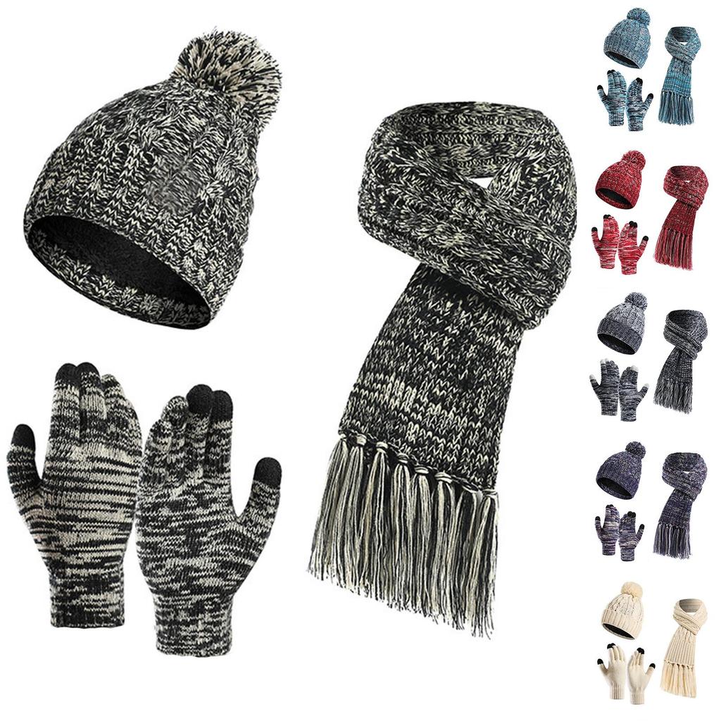 Women's And Men's Winter Fashion Warmth Cute Hat Scarf Gloves Casual Three Piece Set