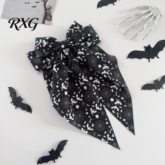 Halloween Bow Hairpin Spring Hair Clips for Women, Pumpkin Skeleton Ghost Hand Printed Clip Fabric Barrettes, Cute Horror Accessories Holiday