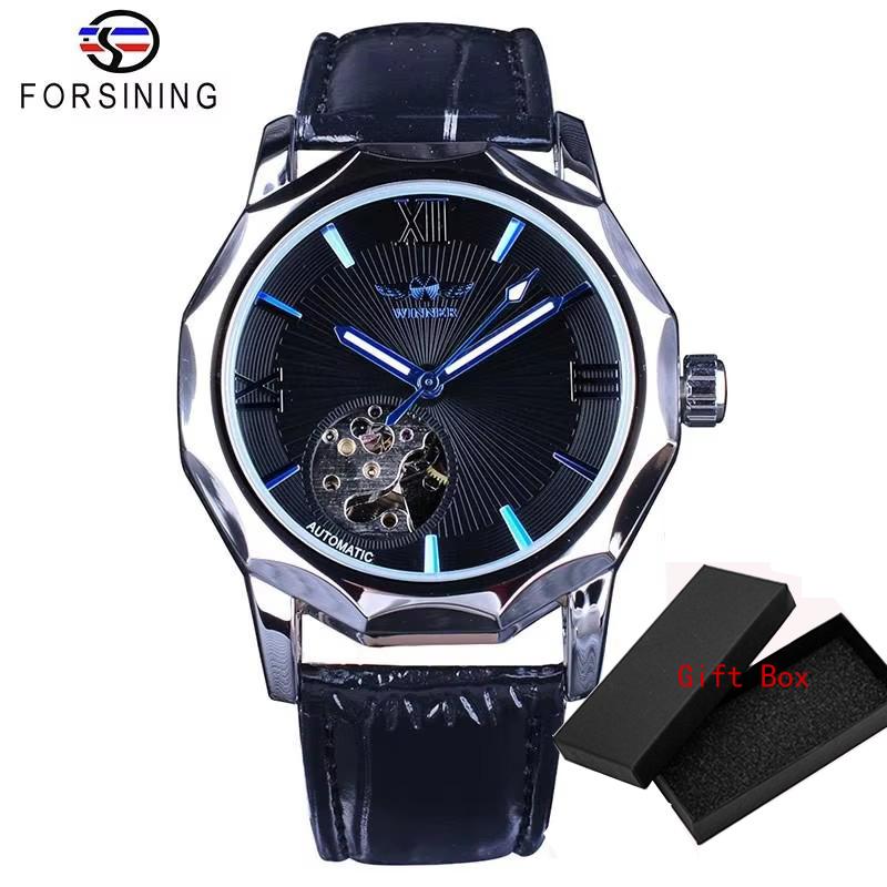 Fashion Winner Top Brand Men's Casual Hollow Mechanical Movement Automatic Mechanical Full Black Stainless Steel Wrist Watches