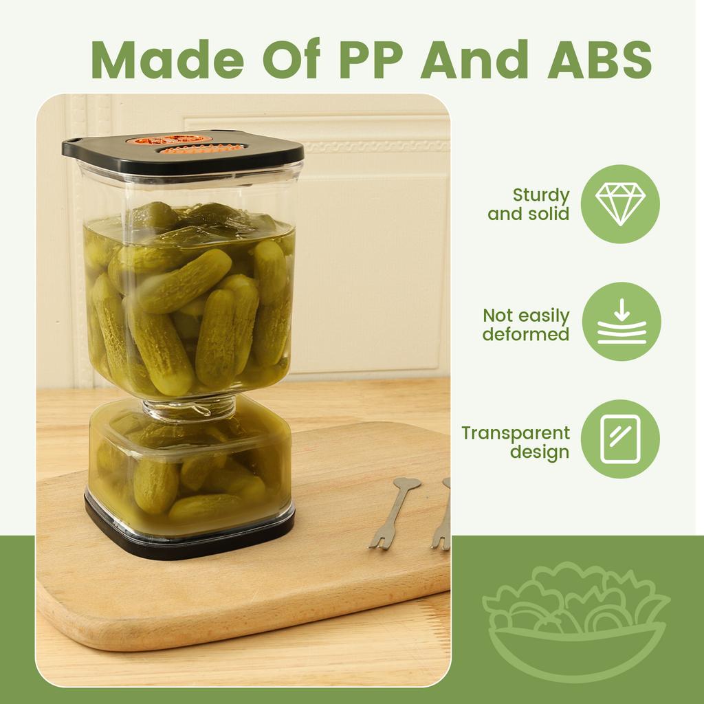 34oz Pickle Flip Jar with Strainer Square Pickle Container with 2 Fork and Timer Recorder Food Storage Container for Gherkins