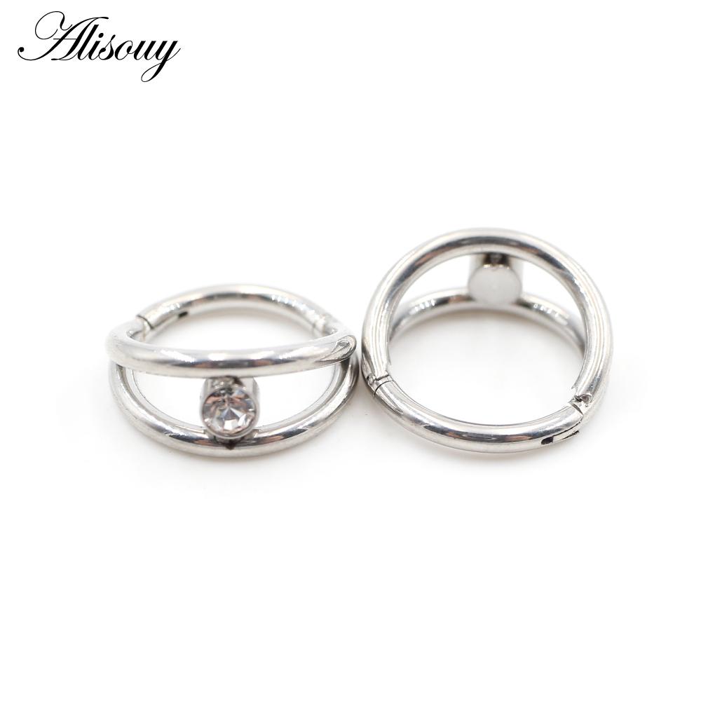 Alisouy 1pc Two Layers Zircon CZ Cartilage Earrings Stainless Steel Hinged Piercing Septum Clicker Nose Rings Hoop Segment Rings