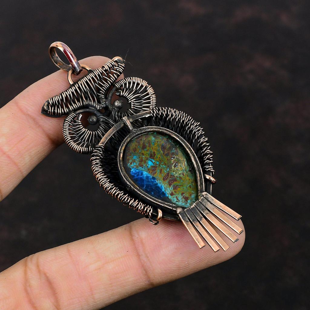 Azurite Malachite Pendant Copper Wire Wrapped Pendant Gemstone Copper Jewelry Handmade Pendant Wire Wrap Jewelry Owl Pendant Gift For Mother