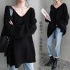 Knit Long Sleeve Loose Side Casual Top for Korean Perfect for Winter [OGCPWYQZ] Women's Sweater, V-Neck Top, Blouse, Fit, Slits, Flattering, Slimming,