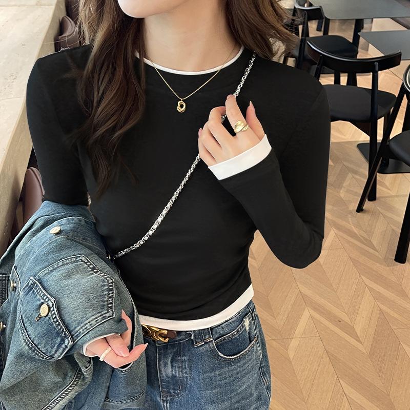Splicing Side Pleated Long-sleeved Bottoming Shirt Women's Autumn and Winter New Springtime Clothing Slim-fitting T-shirt Contrasting Top