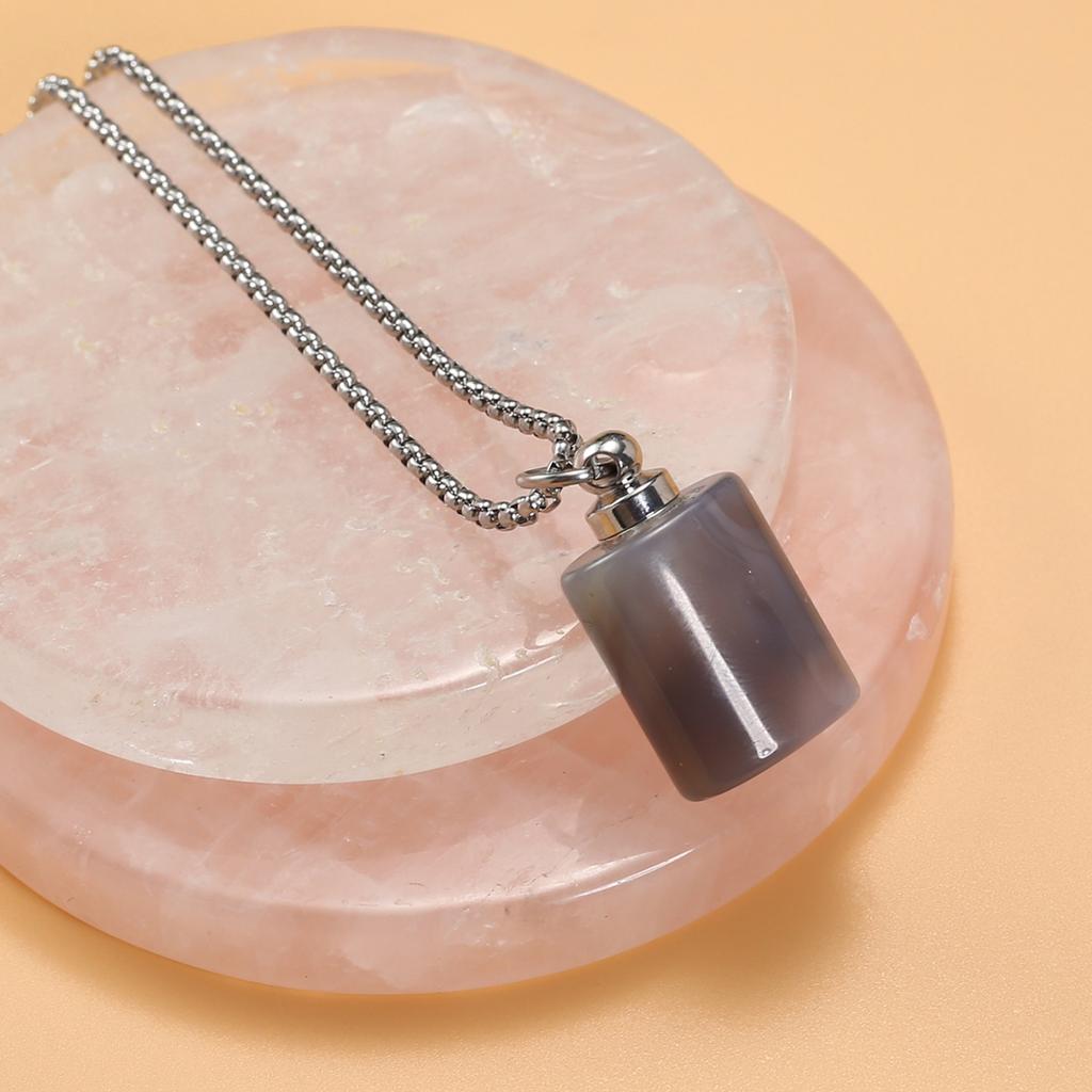 1Pc Healing Crystal Perfume Bottle Necklace Pendant Flat Cylinder Charm Silver Chain Necklaces for Women Jewellery 30x18mm