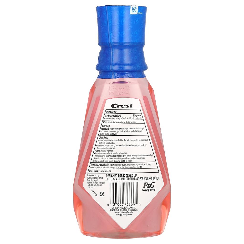 Crest Детский ополаскиватель для полости рта с фтором против кариеса, без спирта, со вкусом клубники, 16,9 жидких унций (500 мл)