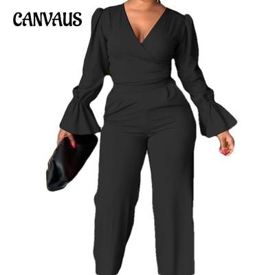 Весенне-осенний женский костюм из двух предметов с расклешенными рукавами и v-образным вырезом, завязками, топ, брюки, модный повседневный костюм