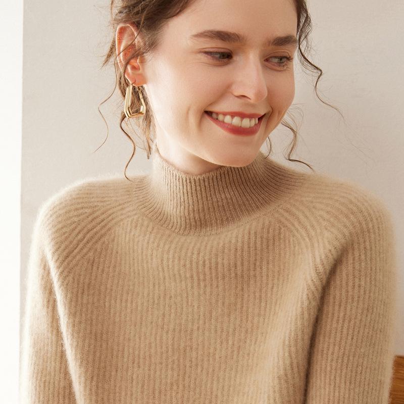 2024 Women's Autumn/Winter High Neck Seven-Needle Ribbed Cashmere Raglan Sweater
