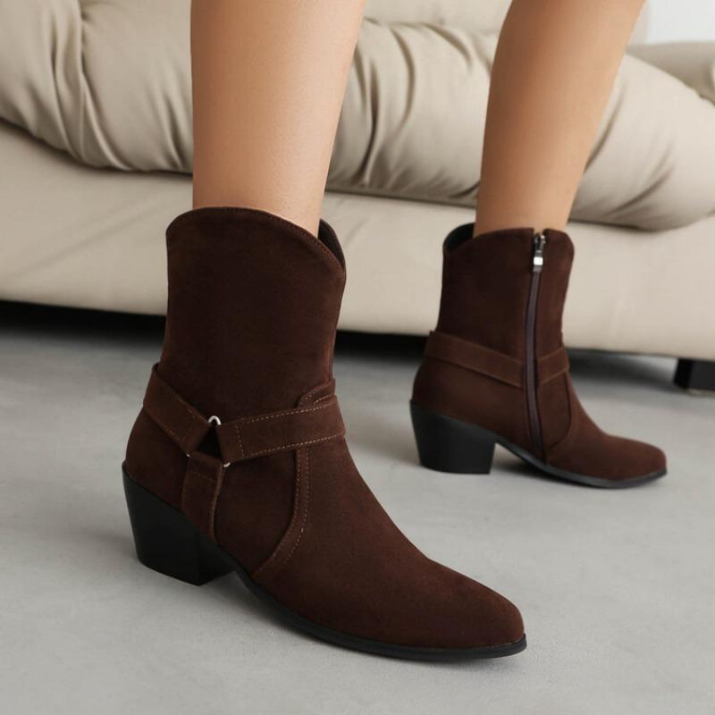 2024 Womens Faux Suede Buckle Designer Ankle Boots Winter Block Heel Zipper Ankle Boots Western Chelsea Cowboy Boots Botas Mujer