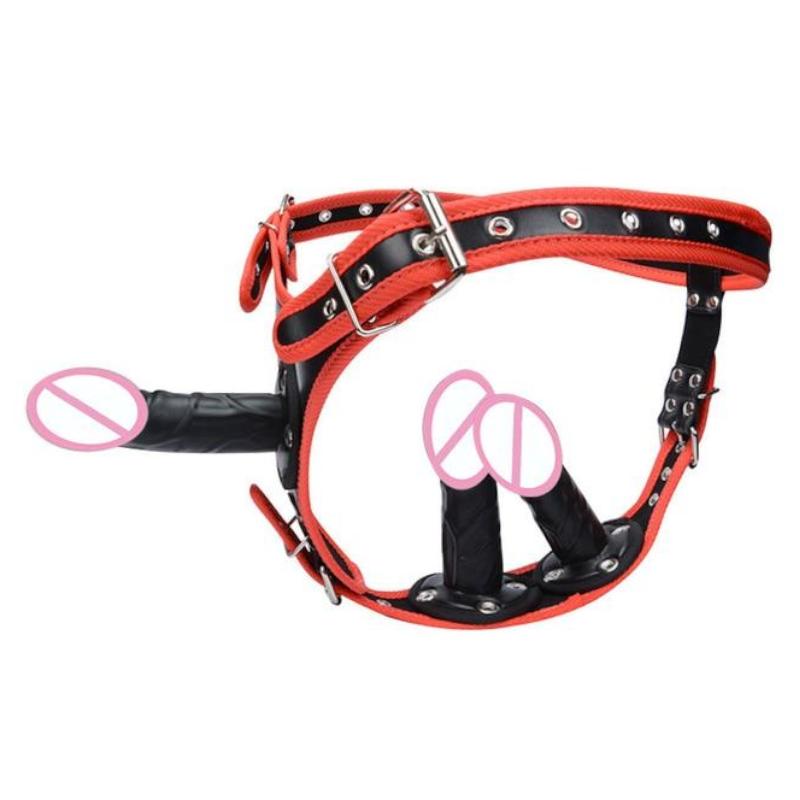 Big Fantasy Harness Triple Dildos Pegging Kit Red Black Strapon Strap Ons